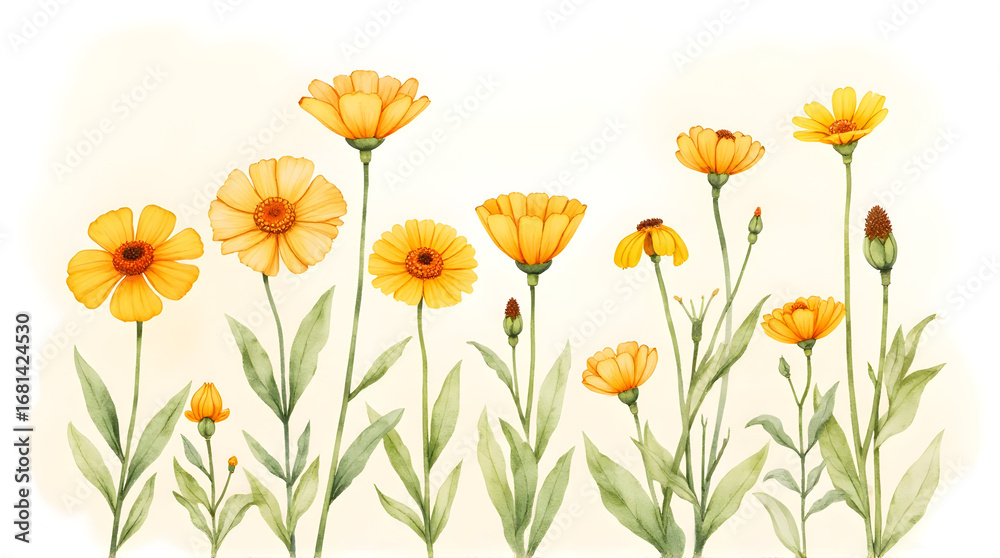 Fototapeta premium Yellow Flower Watercolor Illustration with Green Leaves