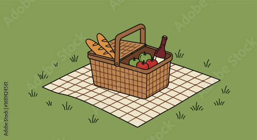 Basket filled food placed on blanket outdoors