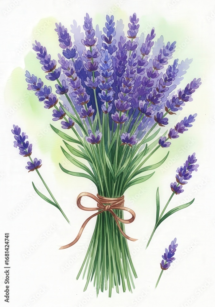 Fototapeta premium Watercolor illustration of a lavender bouquet tied with a ribbon, featuring delicate purple blooms and green stems