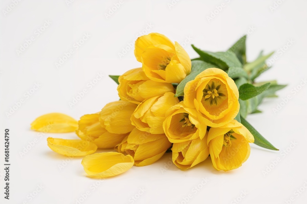Fototapeta premium Bright yellow tulips arranged in a bouquet against a white backdrop