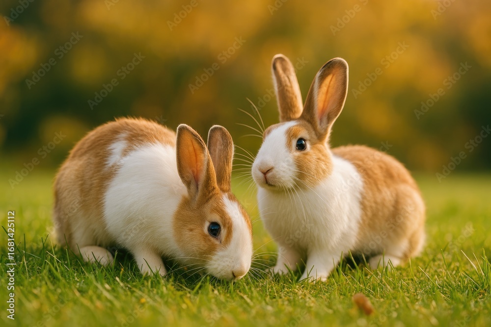 Fototapeta premium Light and dark-colored rabbits wandering through a lush meadow