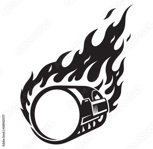 Black and white illustration of a fast moving stylized train with flaming effects.