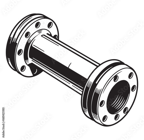 Black and white illustration of a flanged pipe connector for engineering applications
