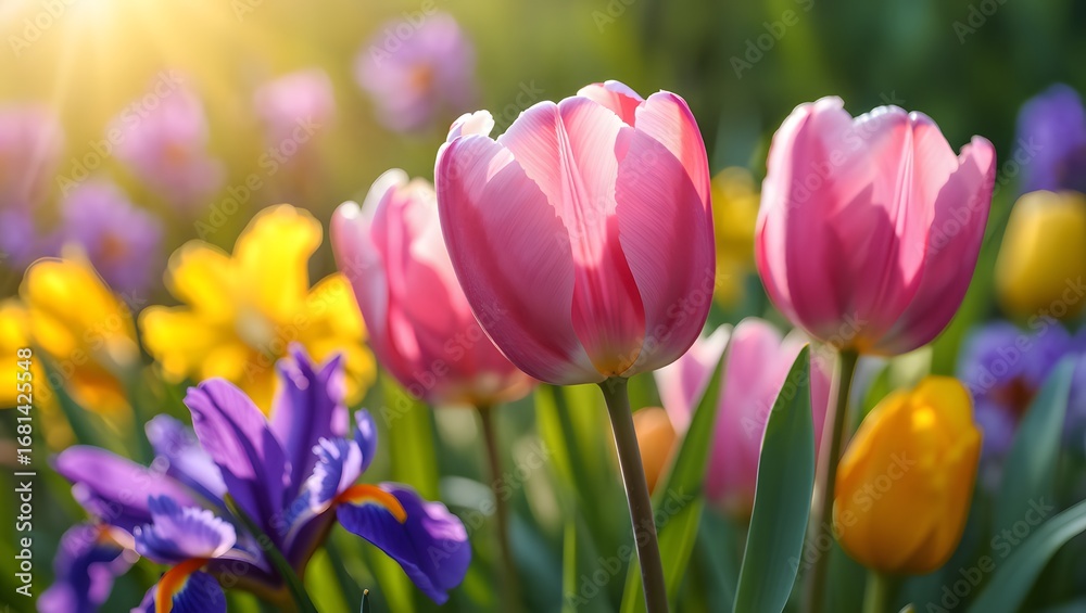 Fototapeta premium Colorful Spring Flowers Blooming in Warm Sunlight