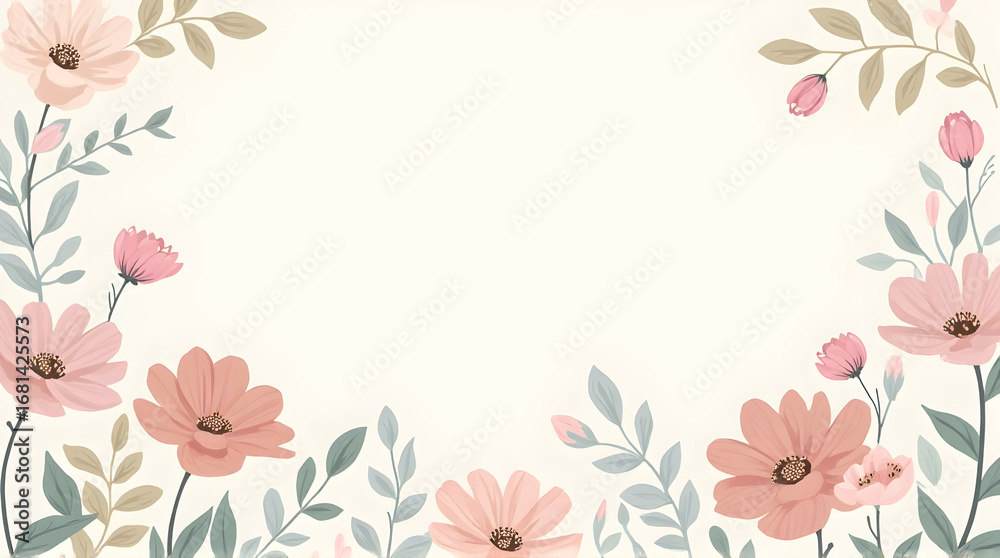 Fototapeta premium Floral Frame with Pastel Flowers and Leaves for Spring Design