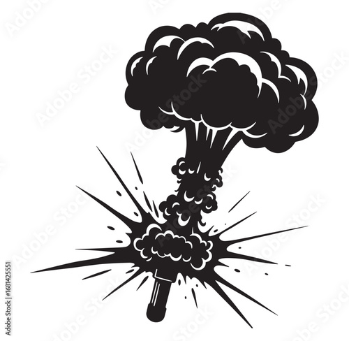 Black and white illustration of a mushroom cloud explosion symbolizing nuclear blast or power