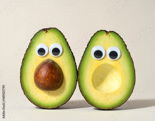 Wallpaper Mural Funny avocado halves with googly eyes, one with a pit, on a clean background. A whimsical healthy food concept. Torontodigital.ca