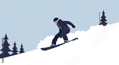 Snowboarder Riding Downhill on Snowy Mountain Slope in Winter Scenery