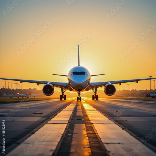 Passenger plane on the runway at sunset