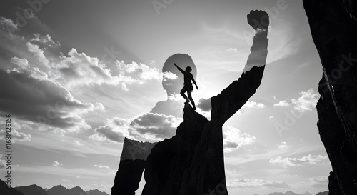 A powerful double exposure concept of personal success and ambition, showing a victorious climber on a mountain summit