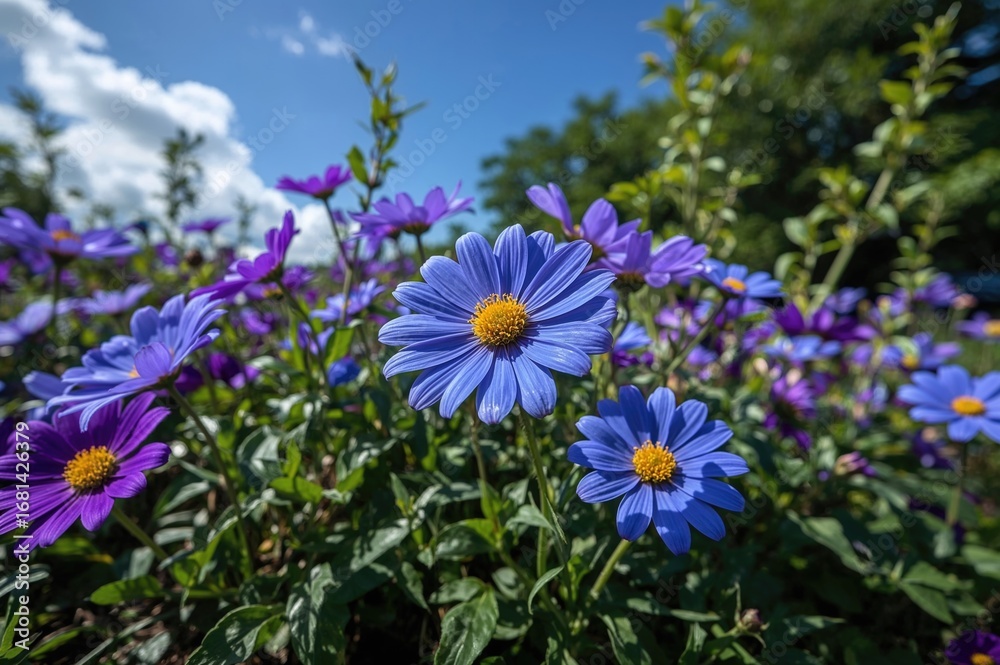 Obraz premium Bright yellow-centered flowers in vivid blue and purple hues amid rich greenery beneath a clear sunny sky
