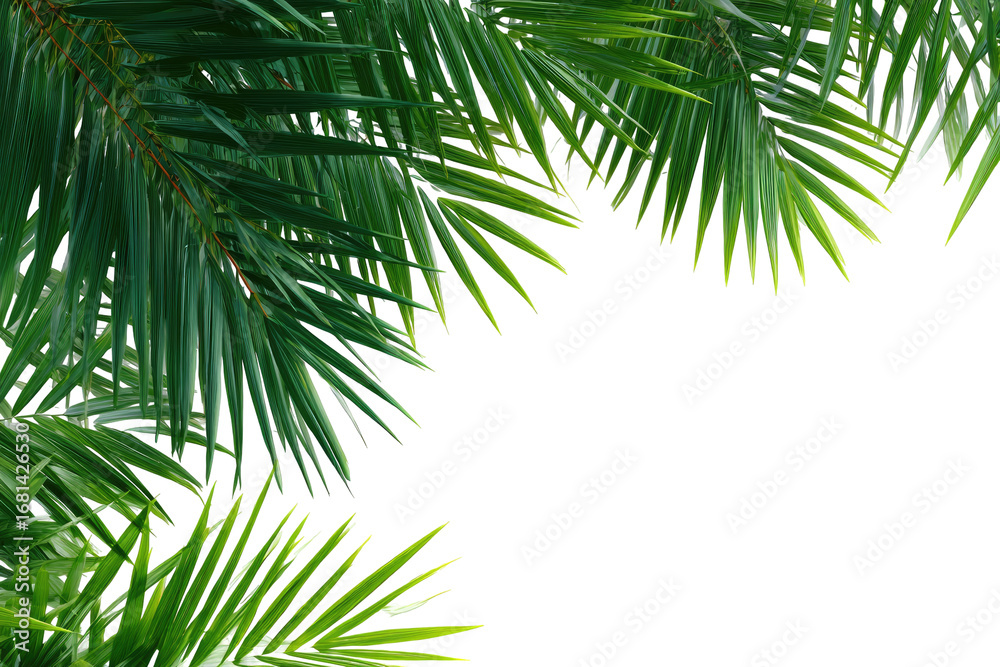 Naklejka premium Close-up of vibrant green palm fronds framing a black background