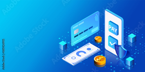 Concept of electronic payment, online banking. Online payment protection system concept with smartphone and credit card. Security bank transaction via credit card. Isometric financial vector.