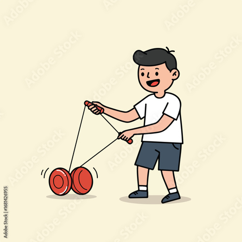 Kid Playing with String Toy on Beige Background - Cartoon Illustration