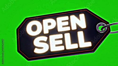 A vibrant, 3D rendered sale tag, featuring the words OPPEN SELL
