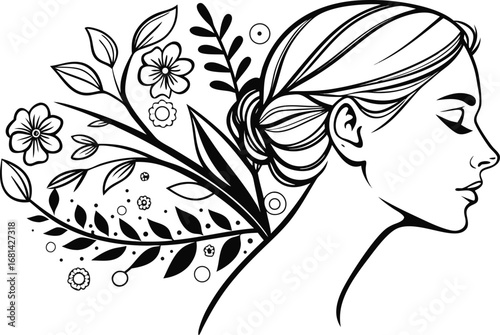 Elegant Woman Silhouette with Floral Accents Minimalist Black and White Design for Beauty or Wellness Brand Aesthetic