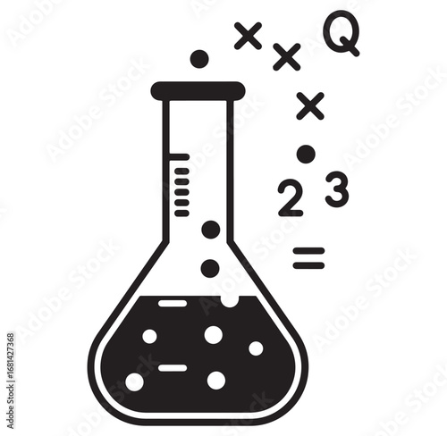 Chemical reaction in a laboratory flask with symbols and mathematical elements