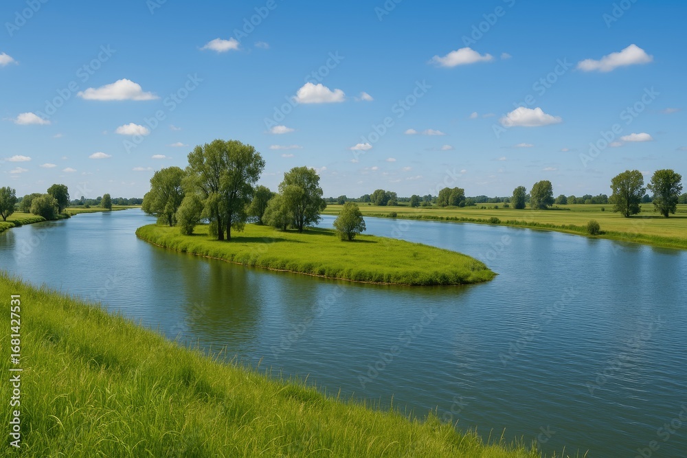 Fototapeta premium Scenic waterway scene spanning the region near two municipalities