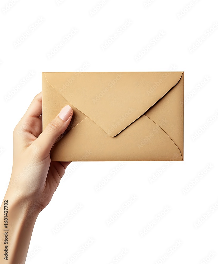 Fototapeta premium Hand holding a brown paper envelope isolated on white background in studio shot