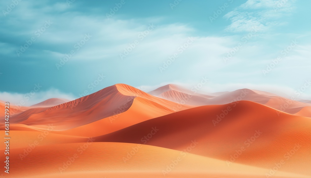Naklejka premium Stunning Landscape Of Sahara Desert With Dunes, Mountains, Bright Foggy Sky In Blue, White, And Orange. Clean Nature In Morocco, Africa. Rendered.