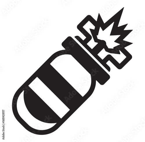 Illustrated black and white vector graphic of a lit explosive bomb ready for detonation