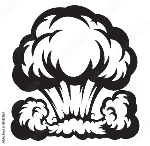 Illustrated explosion or blast depicting destruction or force in black and white style