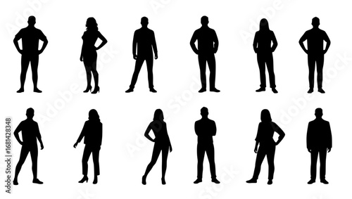 A silhouette of diverse people standing in various postures, showcasing a minimalist and artistic representation of human figures against a pristine backdrop. vector illustration