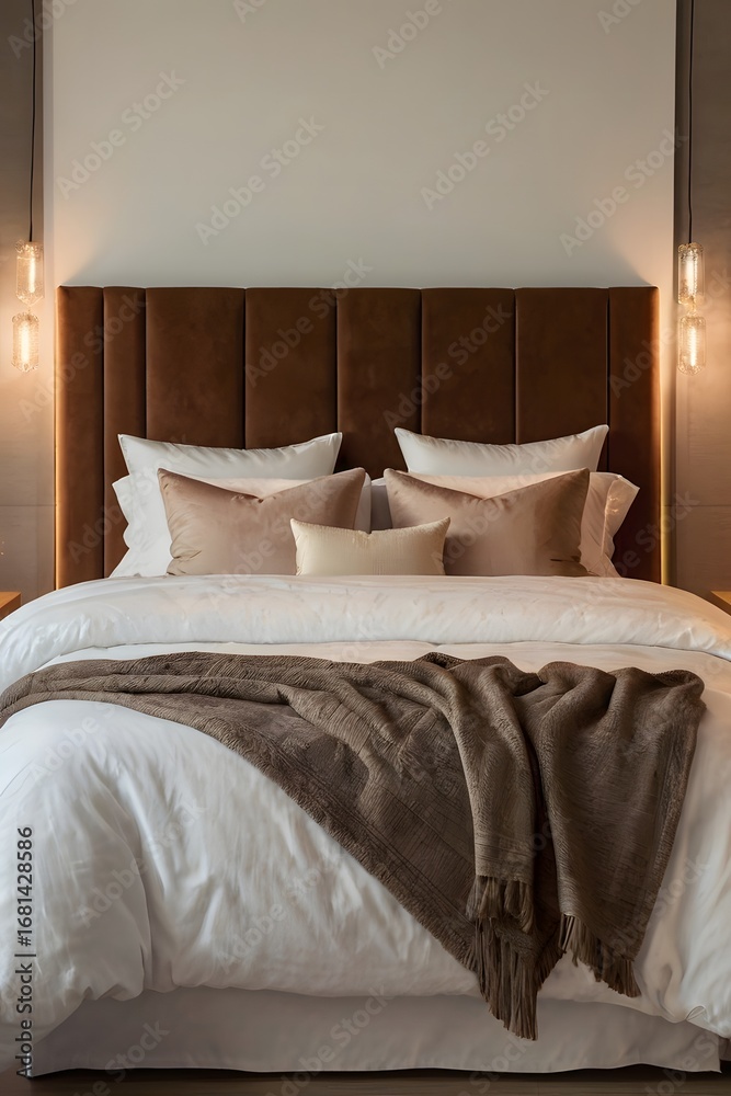 Obraz premium Modern bedroom lighting responds to voice command in warm tone space with clean white bedding and minimal design