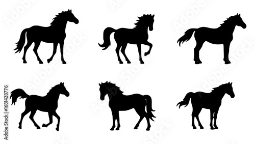 A collection of majestic silhouettes of horses, each elegantly posed against a clean backdrop, evoking a sense of movement and grace in equestrian artistry. vector illustration
