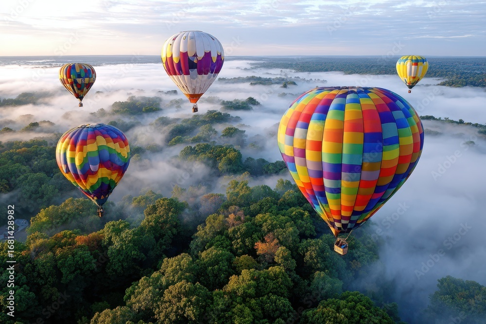 Naklejka premium Hot Air Balloons Soar over Misty Forest at Sunrise