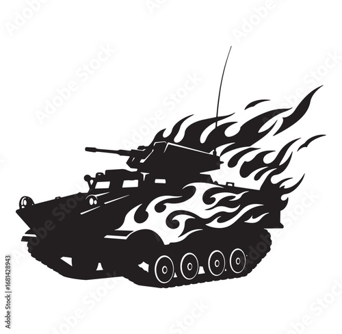 Silhouette illustration of a military combat armored vehicle with stylized flame details displayed