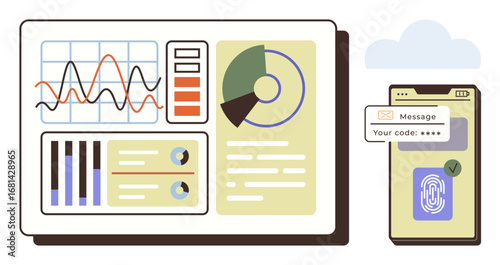 Dashboard displaying graphs, charts, and data insights paired with smartphone biometric scanning and code verification. Ideal for cybersecurity, analytics, authentication, technology, business, data