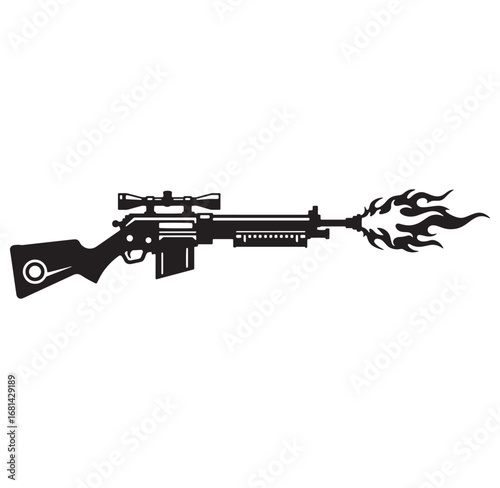 Silhouette illustration of a rifle with flames ejecting from the barrel design on white background