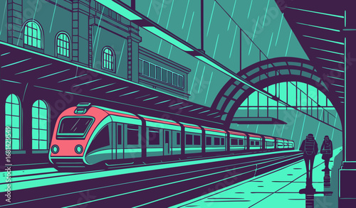 A futuristic cyberpunk train station glowing with neon lights, rainy atmosphere, cinematic lighting, ultra-detailed, photorealistic."