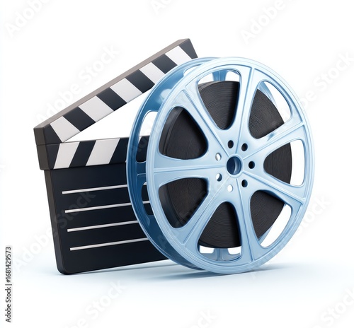 Movie clapperboard and film reel on white