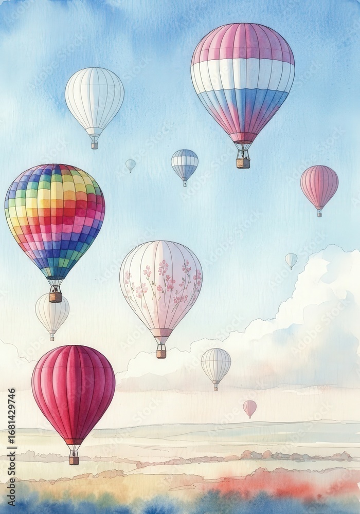 Obraz premium Watercolor painting of many colorful hot air balloons rising in a hazy, blue sky over a distant horizon