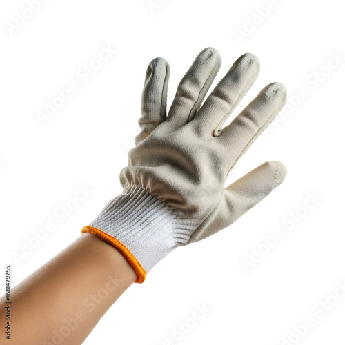 Close Up of Hand in White Work Glove with Orange Trim on Transparent Background Protecting Against Dirt and Injury in the Workplace
