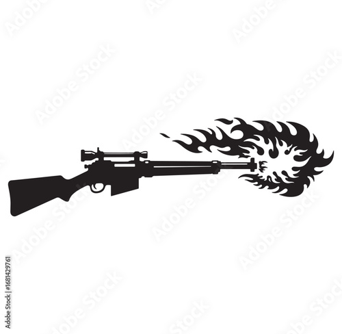 Silhouette of a rifle with scope shooting flames creating a striking artistic design