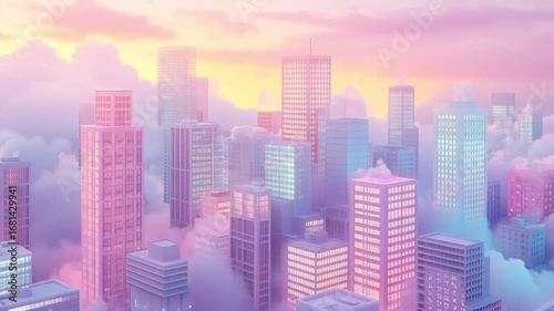 Cityscape Surrounded by Clouds at Sunrise Pastel Tones Aerial View