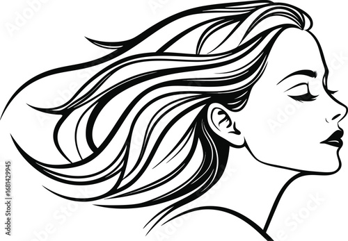 Elegant Woman with Flowing Hair Black and White Portrait Featuring Sophisticated Facial Features and Dynamic Hairstyle Depiction