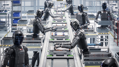 3D Render: Autonomous AI Powered Humanoid Robots Work at Factory on Assembly Line. Industrial Automation AI Accelerated: Advanced Human Like Robot Working on Complex Detail in Industrial Environment.