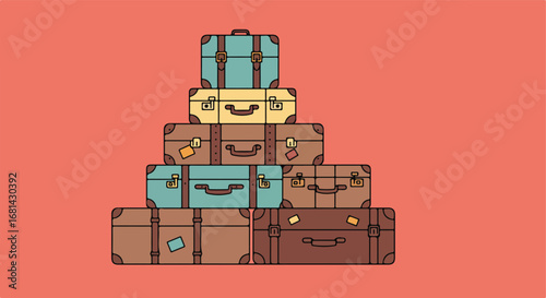 Stack of Luggage Ready for Travel, Arranged in Pyramid Shape at Home