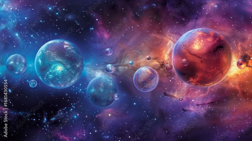 Obraz premium Vibrant spheres suspended in a cosmic atmosphere, creating a stunning visual experience