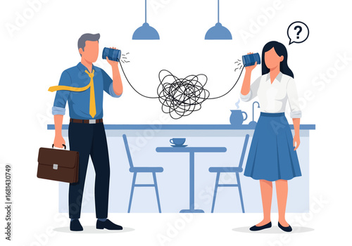 A man and a woman attempt to communicate with tin can phones, their connection hilariously tangled, symbolizing common communication breakdowns in a cafe setting