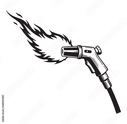 Vector illustration of a black and white fire hose nozzle with fiery flames