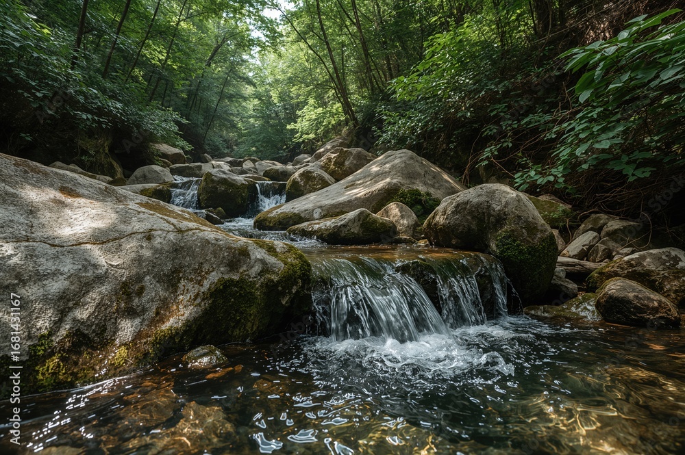 Fototapeta premium A tiny cascade trickles over rugged stones amidst dense, vibrant woodland.