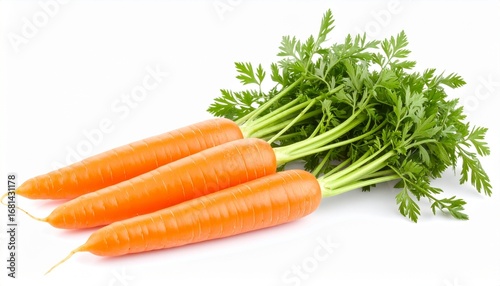 Bright orange carrot with green leafy top natural root texture crunchy fresh vegetable and organic healthy food isolated on white background
