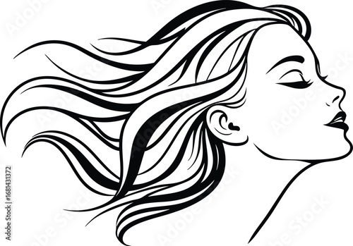 Elegant Woman Portrait with Flowing Hair Artistic Black and White Depiction Capturing Femininity and Grace