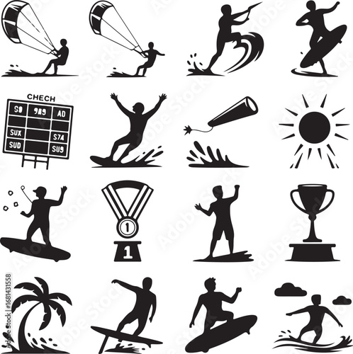 Surfing and Water Sports Icons Silhouette Collection Ocean Activities kitesurfing windsurfing