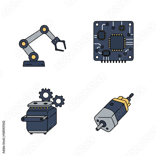 Robotic arm, circuit board, gears and motor on white backdrop display